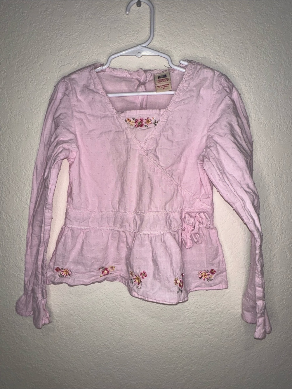 y2k Faded Glory Pink Embroidered babydoll peplum long sleeve Girls Top. size 8